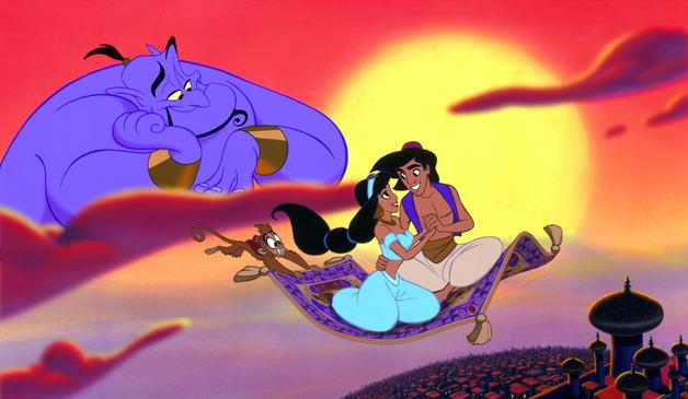 Aladdin, il classico Aladdin e Jasmine sul tappeto sorvegliati dal genio e abu