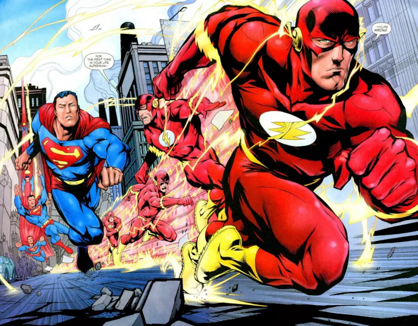 La gara di velocità tra Flash e Superman raggiunge finalmente un traguardo Pagina disegnata in cui Superman e Flash arrivano correndo al traguardo, tenuto in mano da Batman
