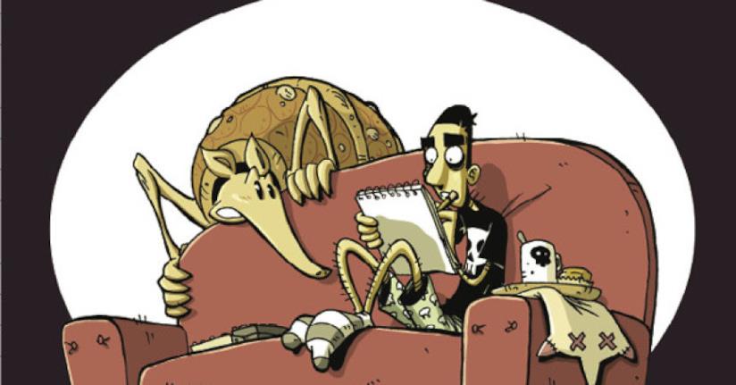 Iniziate le riprese di La profezia dell'armadillo Zero che disegna sul divano con l'armadillo vicino preoccupato