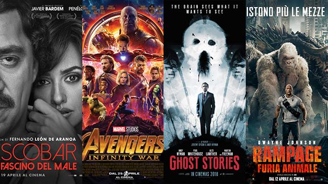 Un mese di cinema: i film in uscita ad aprile 2018 I poster dei film Escobar - Il fascino del male, Avengers: Infinity War, Ghost Stories, Rampage