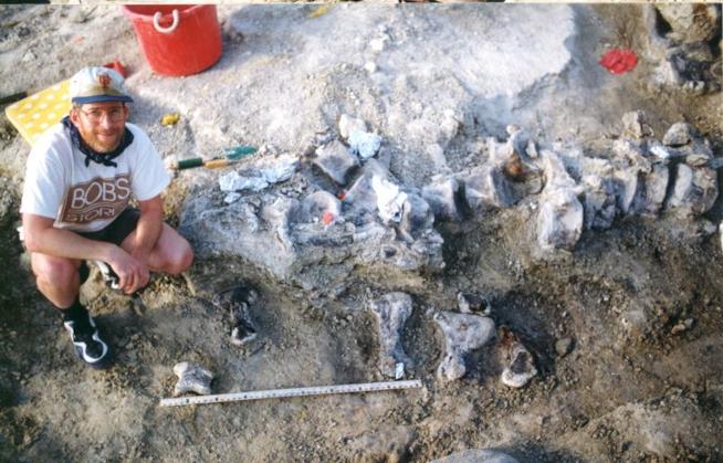 I resti fossili del BigFoot: ecco il piede di dinosauro più grande di sempre Un paleontologo dell'Università del Kansas posa vicino al fossile del Wyoming nel 1998
