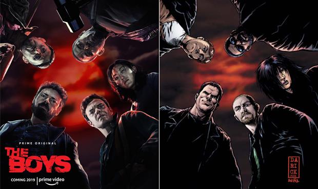 La serie TV a confronto con il fumetto, in una locandina pubblicitaria I protagonisti della serie TV The Boys a confronto con i personaggi del fumetto, nella stessa posizione