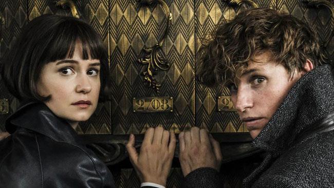 La sceneggiatura di Animali Fantastici 2 arriva in libreria Eddie Redmayne e Katherine Waterston vicino una porta