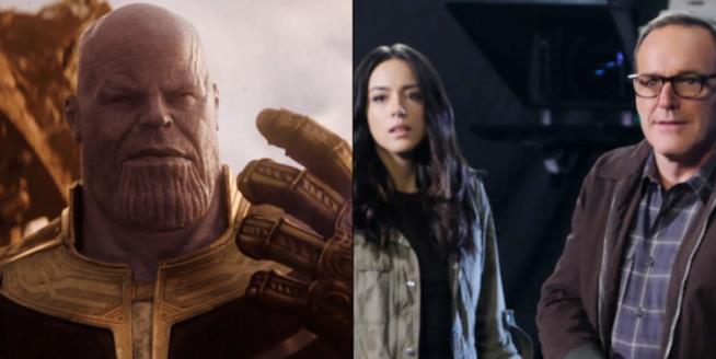 Avengers: Infinity War e i collegamenti con la quinta stagione di Agents of S.H.I.E.L.D. Un'immagine di Thanos contrapposta ad una di Daisy e Coulson