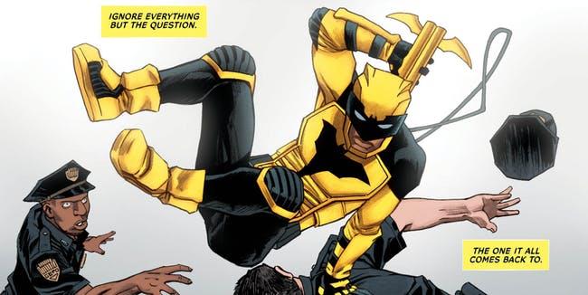 Duke Thomas è stato la prima persona di colore a indossare l'uniforme di Batman Immagine disegnata di Duke Thomas in uniforme di Batman, mentre compie un balzo acrobatico