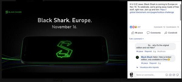 Black Shark conferma che lo smartphone in edizione Helo sarà disponibile solo in Cina Black Shark annuncia su Facebook l'arrivo del suo smartphone in Europa