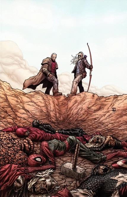Wolverine e Occhio di Falco in una scena del fumetto Wolverine e Occhio di Falco in una cover di Vecchio Logan