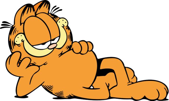 Garfield, il gatto egocentrico, goloso e indisponente Garfield disegnato in posizione sdraiata e sorniona