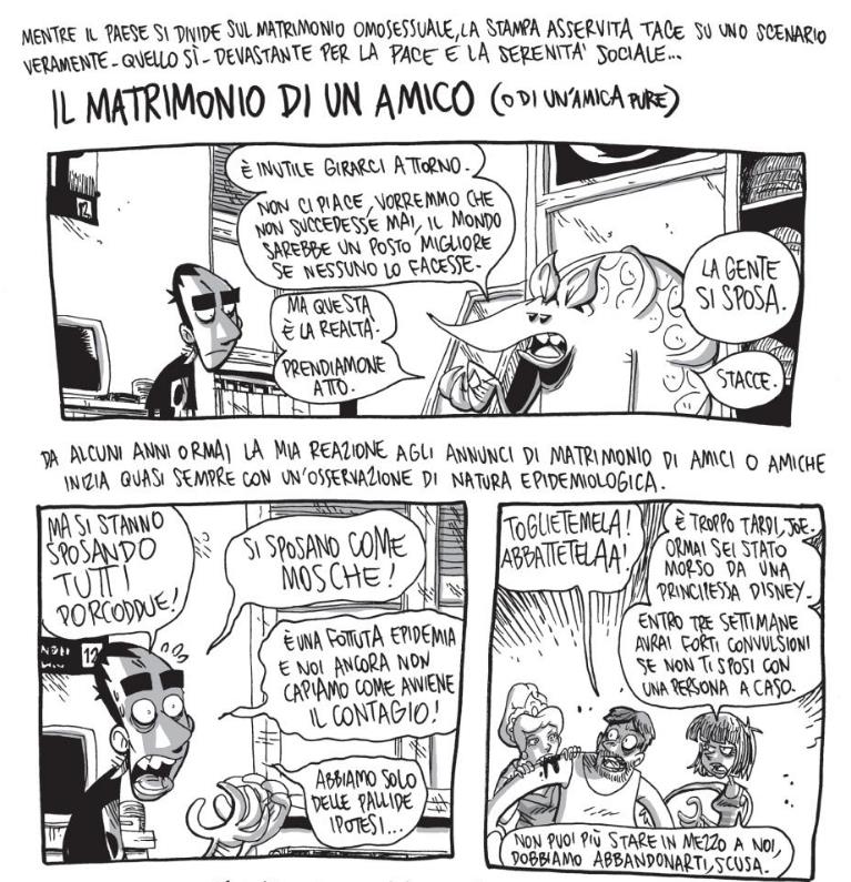 Il matrimonio di un amico, una delle storie sulla Scuola di Pizze in Faccia Tavola iniziale di Il matrimonio di un amico, con tre vignette