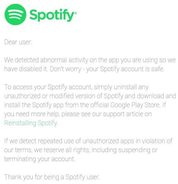 E.mail di Spotify Spotify avvisa via e.mail i clienti che usufruiscono del servizio Premiun tramite app illegali