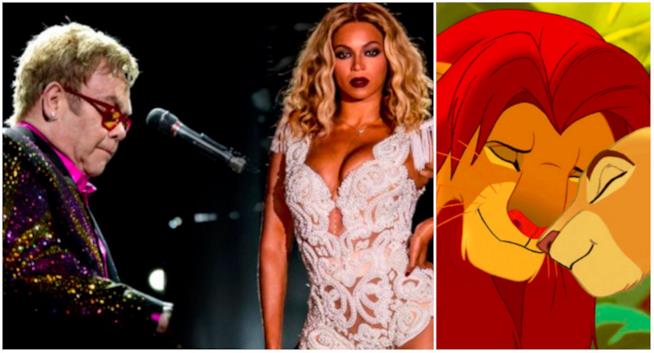 Elton John e Beyoncé su una canzone de Il Re Leone Collage tra Elton John, Beyoncé e Il Re Leone