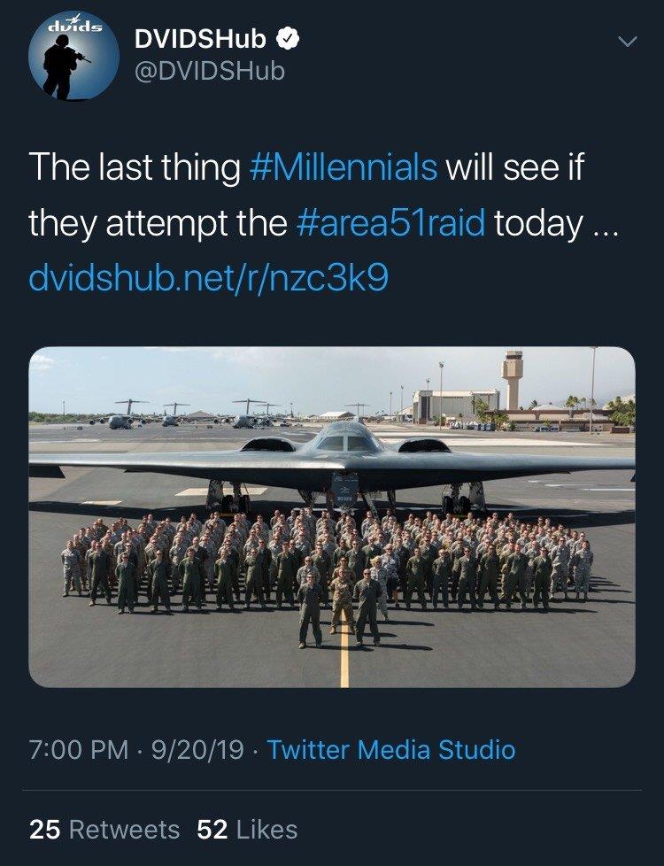 Il resoconto finale del raid dell'Area 51 Il tweet 'minatorio' del servizio di distribuzione di informazioni visive sulla difesa