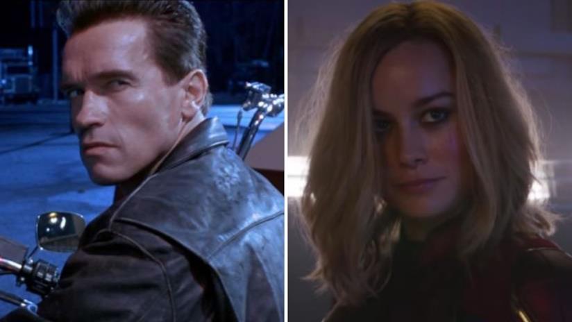 Una scena tagliata da Captain Marvel svela l'omaggio a Terminator 2 - Il giorno del giudizio A sinistra Schwarzenegger nei panni di Terminator, a destra Brie Larson nel ruolo di Capitan Marvel