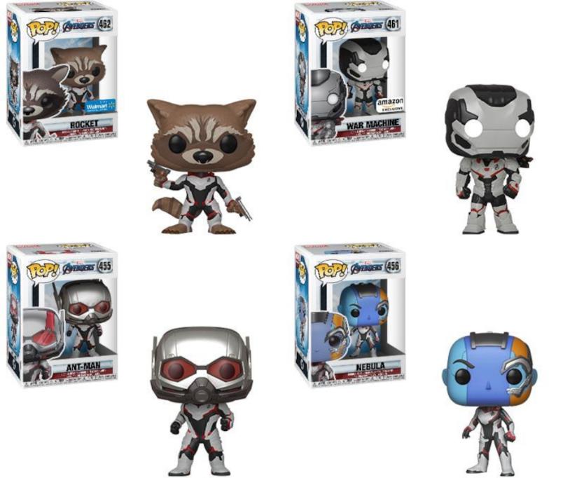 I Funko Pop! di Avengers: Endgame Rocket, War Machine, Ant-Man e Nebula in versione Funko Pop! con le tute bianche