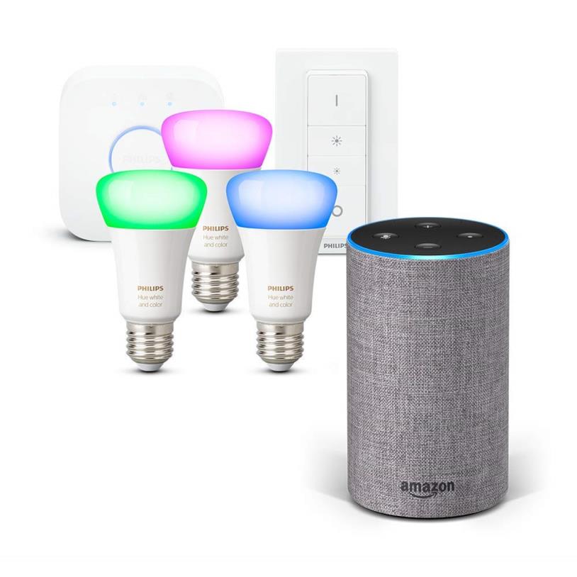 Il bundle Amazon Echo + Philips Hue White and Color Ambiance Starter Kit Immagine stampa del bundle Amazon Echo + Philips Hue White and Color Ambiance Starter Kit