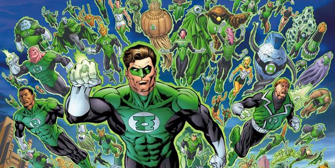 Il Corpo delle Lanterne Verdi con Hal Jordan in primo piano Pagina disegnata con tutti i membri del Corpo delle Lanterne Verdi in volo