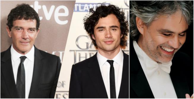Toby Sebastian e Antonio Banderas in un biopic su Bocelli Un collage tra Toby Sebastian, Antonio Banderas e Andrea Bocelli