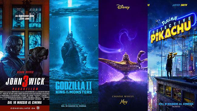 Un mese di cinema: i film in uscita a maggio 2019 I poster di John Wick 3, Godzilla II, Aladdin, Detective Pikachu