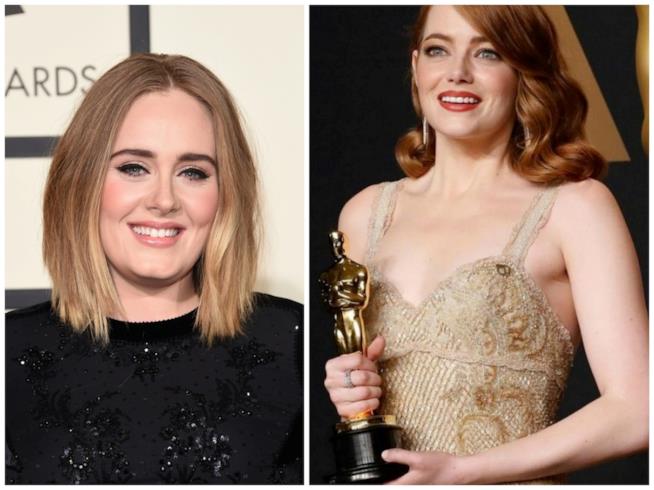 Adele e la reazione alla vittoria di Emma Stone agli Oscar 2017 Primo piano di Adele e Emma Stone