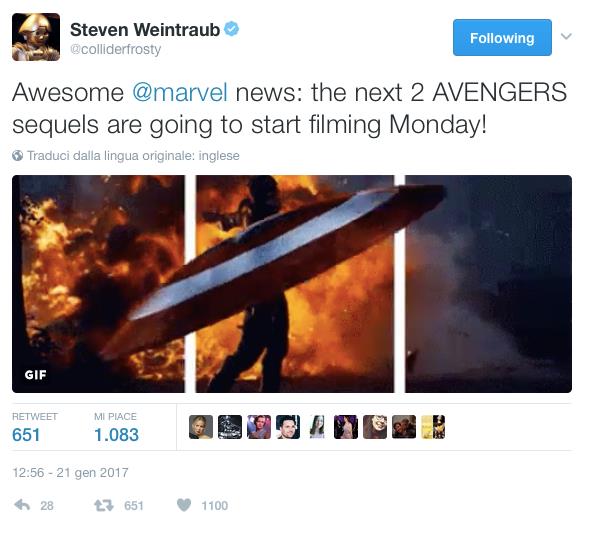 Il tweet di Steven Weintraub sull'inizio delle riprese di Infinity War Steven Weintraub annuncia l'inizio delle riprese di Avengers: Infinity War