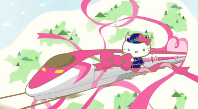 In arrivo il treno ad alta velocità di Hello Kitty Disegno che mostra l'esterno del treno dedicato a Hello Kitty