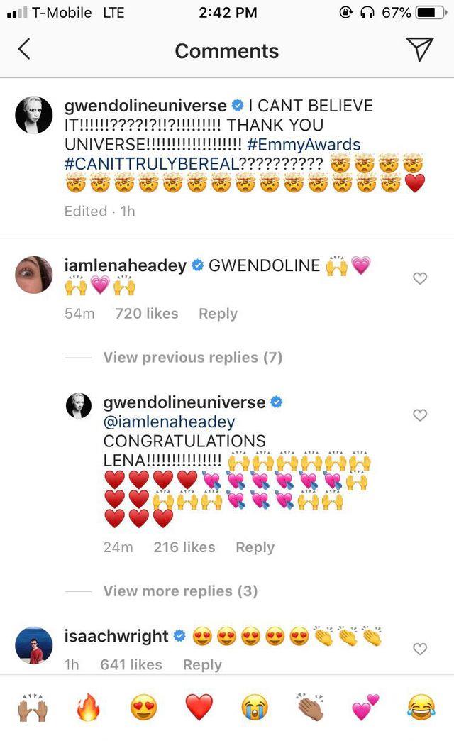 Lena Headey e Isaac Hempstead-Wright si congratulano con Gwendoline Christie I commenti di Isaac Hempstead-Wright e Lena Headey alla nomination di Gwendoline Christie