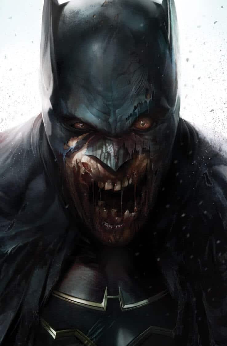La variant cover di DCeased, disegnata da Francesco Mattina, è terrificante: Batman diventa uno zombie Primo piano di Batman diventato uno zombie, nella variant cover di DCeased disegnata da Francesco Mattina
