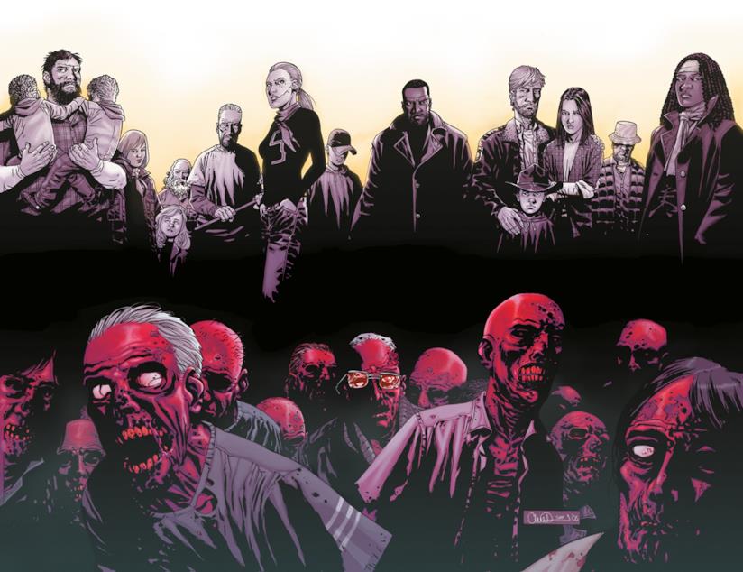Finalmente disponibile il gioco da tavolo che ricrea i violenti scontri tra Sopravvissuti nel mondo di The Walking Dead. I Sopravvissuti e un branco di Vaganti sulla copertina della scatola di The Walking Dead All Out War