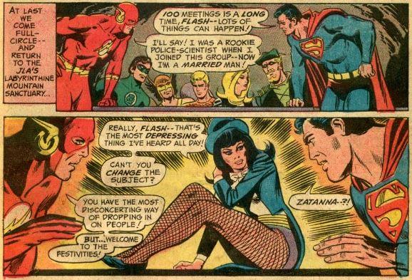 Zatanna appare dal nulla ai suoi amici della Justice League Zatanna seduta in posa sexy in una pagina di un fumetto DC Comics anni '70