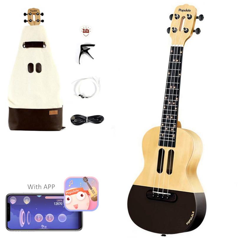 Populele è uno smart ukulele che si abbina allo smartphone Immagine stampa di Populele e dei suoi accessori