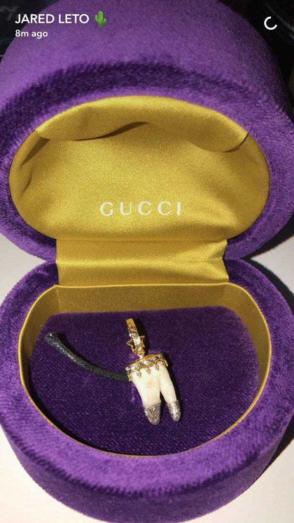 L'immagine del ciondolo a forma di dente nell'astuccio "viola Joker" Il ciondolo appartenente al Joker Jared Leto