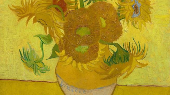 I celebri Girasoli di Van Gogh si stanno scolorendo Dettagli del dipinto di Vincent Van Gogh Girasoli esposto al Van Gogh Museum di Amsterdam