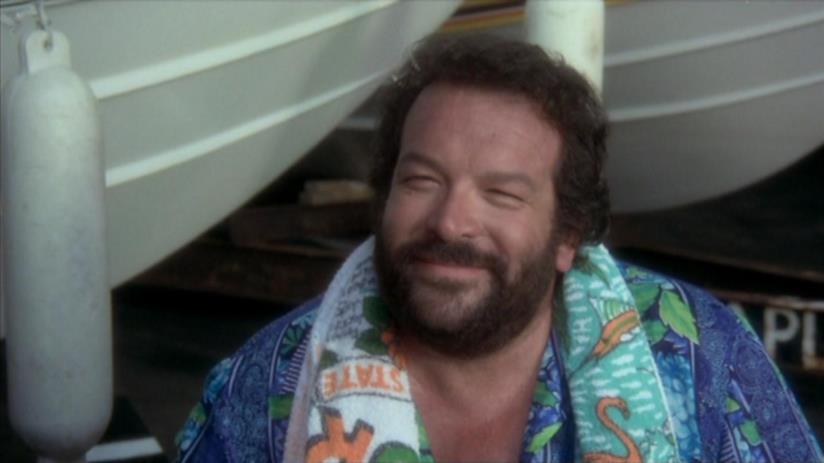 La sceneggiatura del film sulla vita di Bud Spencer è in scrittura Bud Spencer in una scena del film Pari e dispari (1978)