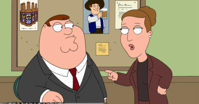 Peter non riceverà più ordini da Angela. Il suo capo sarà Bryan Cranston Peter e il suo capo Angela in una scena de I Griffin