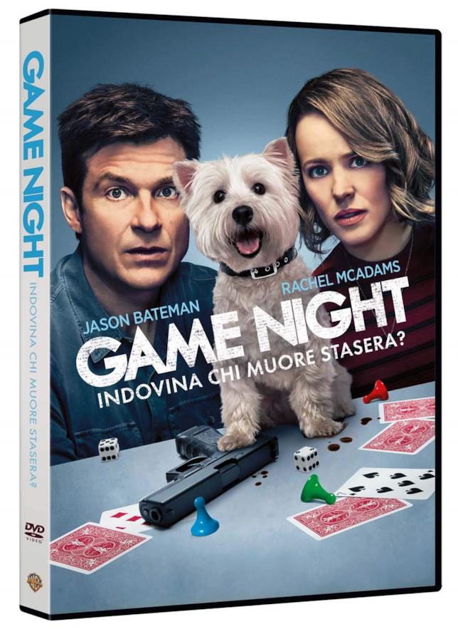 Game Night - Indovina Chi Muore Stasera?, il DVD Jason Bateman, Rachel McAdams e il cane nella cover del DVD di Game Night - Indovina Chi Muore Stasera?