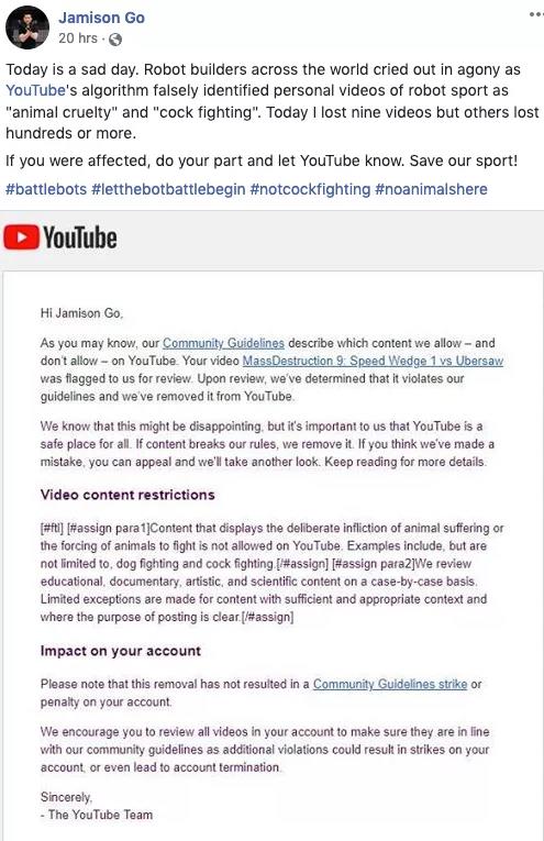 L'algoritmo di YouTube prende di mira i video sbgliati Il post su Facebook di Jamison Go contro le segnalazioni errate di YouTube