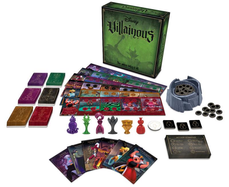 Carte, pedine e box del gioco da tavolo Disney Villainous Contenuto del gioco da tavolo Disney Villainous
