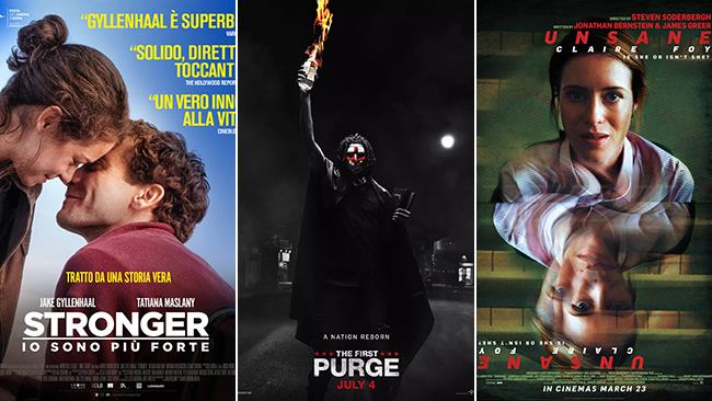 Weekend al cinema: i film in sala il 7 e 8 luglio 2018 I postere di Stronger - Io sono più forte, La prima notte del giudizio, Unsane