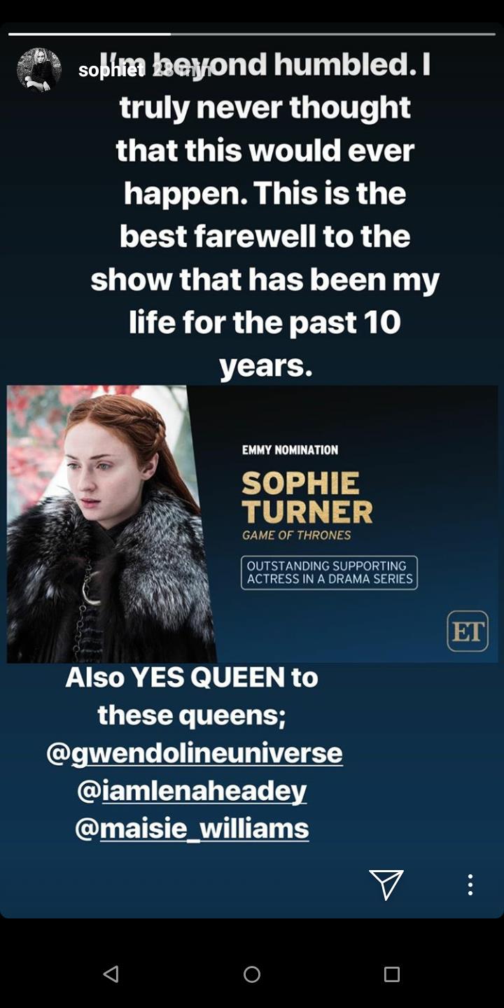 Sophie Turner commenta la nomination agli Emmy Awards Sophie Turner è stata nominata agli Emmy