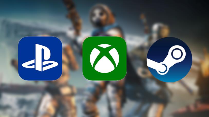 La rinascita di Destiny 2 inizia con Ombre dal Profondo Le icone di PS4, Xbox One e Steam; sullo sfondo un'immagine promozionale di Destiny 2