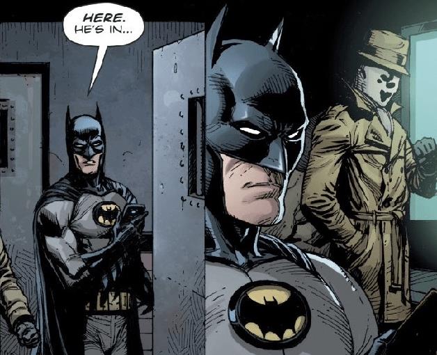 Batman viene a contatto con il secondo Rorschach, uomo di colore sotto la maschera tradizionale Vignette in cui il secondo Rorschach incontra Batman, in Doomsday Clock