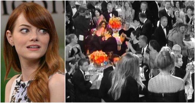 Emma Stone, la reazione al bacio di Andrew Garfield e Ryan Reynolds e l'abbraccio mancato Emma Stone stupita e il bacio tra Ryan Reynolds e Andrew Garfield