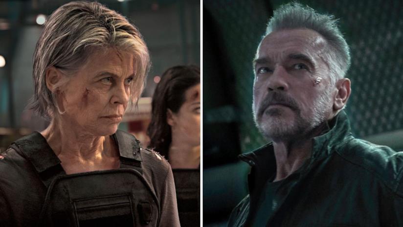 Sarah Connor e il T-800 di Schwarzenegger pronti all'azione in una nuova immagine dal film Terminator: Destino oscuro A sinistra Linda Hamilton e a destra Arnold Schwarznegger
