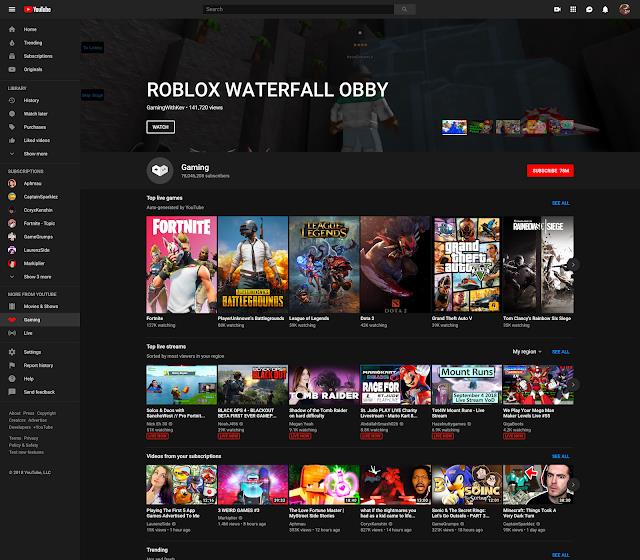 Homepage di YouTube Gaming Dettagli della homepage di YouTube Gaming accedendo da YouTube