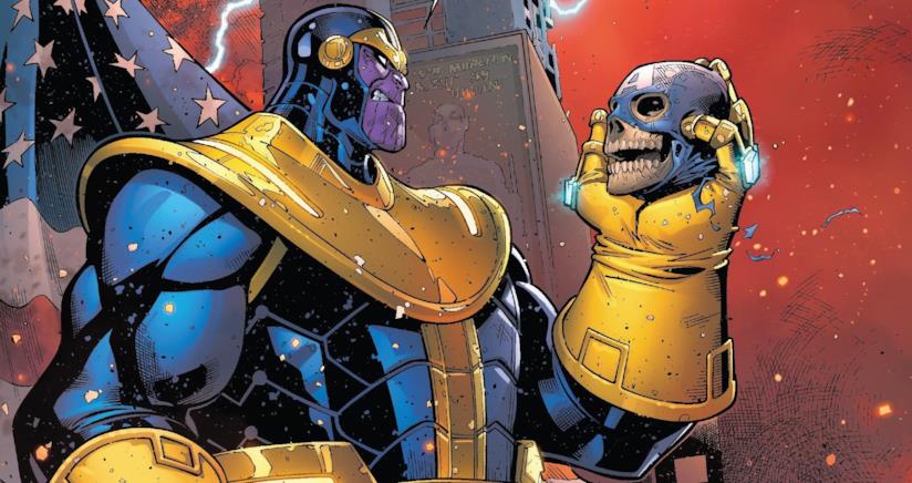 Thanos tiene in mano il teschio di Captain America Thanos e una parte di Cap in una vignetta di U.S. Avengers