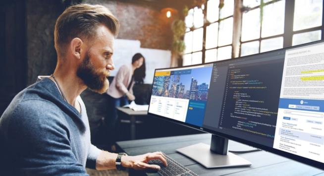 Dell ha presentato un monitor da 49" QHD per i professionisti Immagine promozionale del monitor di Dell da 49"