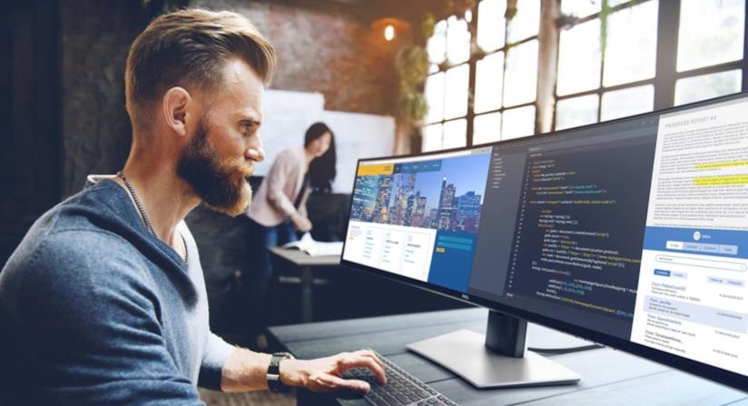 Dell ha presentato un monitor da 49" QHD per i professionisti Immagine promozionale del monitor di Dell da 49"