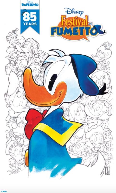 Locandina del festival del fumetto Disney, dedicata a Paperino Poster del festival del fumetto Disney, con Paperino e tutti i principali personaggi a cui è legato