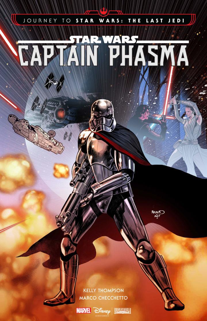 La copertina del primo dei quattro volumi della miniserie dedicata a Phama Captain Phasma e la sua lucente armatura disegnati da Marco Checchetto per la copertina della miniserie Marvel