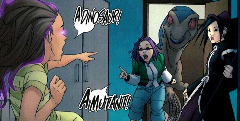 Dinosauri e mutanti nei Runaways Molly reagisce nel vedere il dinosauro di Gert